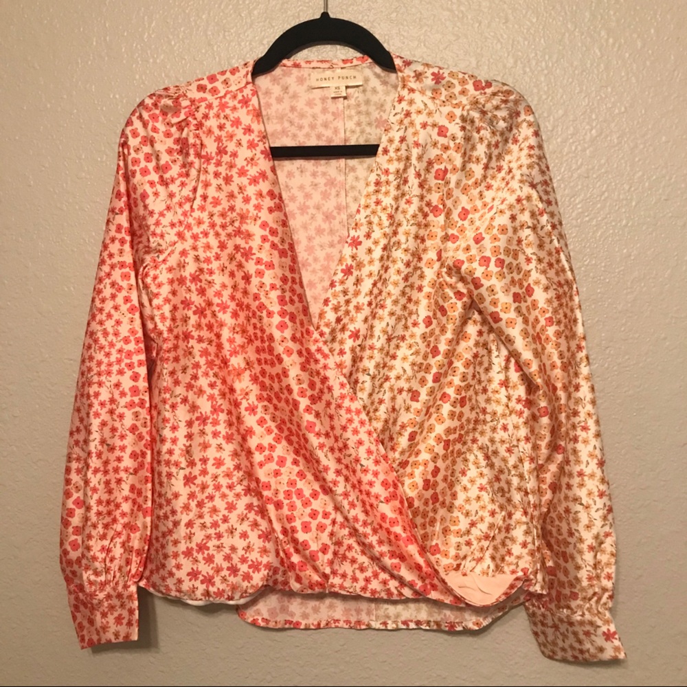 Long Sleeve Faux Wrap Floral Contrast Blouse